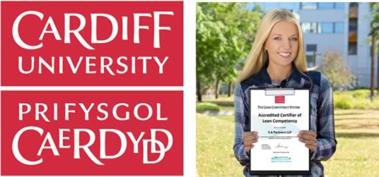 image of the Cardiff university logo and girl holding an Lean Competency Certificate with S A Partners on it
